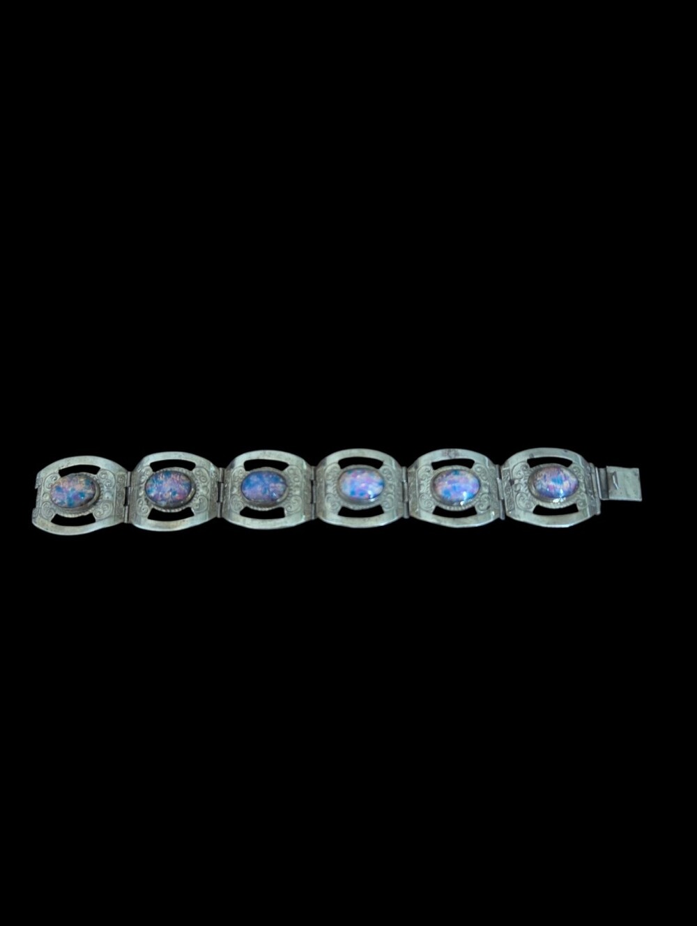 Vintage 1950s Mexican Alpaca Panel Link Bracelet, Faux Foil Opal Dragon's Breath